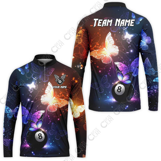 Customized 8 Ball Pool Stand Collar Quarter-Zip Long Sleeve Jersey, Billiard Butterfly Sparkle 8-Ball, Personalized Billiards Jersey