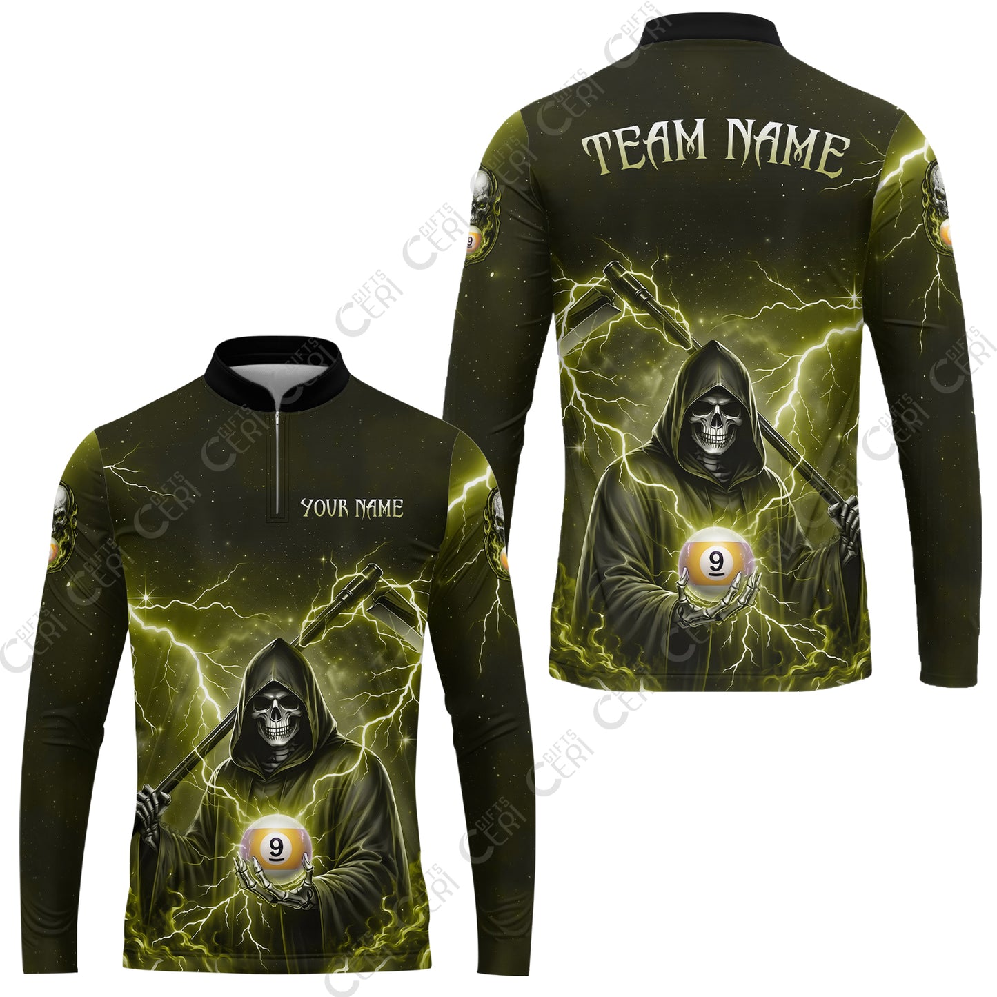 Customized 9 Ball Pool Stand Collar Quarter-Zip Long Sleeve Jersey, Lightning And Flame Grim Reaper With 9 Ball, Personalized Billiards Jersey