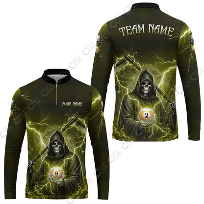 Customized 9 Ball Pool Stand Collar Quarter-Zip Long Sleeve Jersey, Lightning And Flame Grim Reaper With 9 Ball, Personalized Billiards Jersey