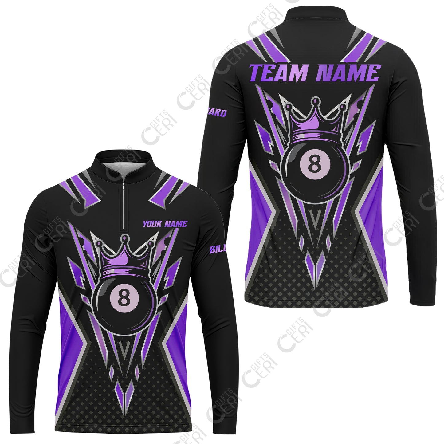 Customized 8 Ball Pool Stand Collar Quarter-Zip Long Sleeve Jersey, Billiard 8-Ball Crown, Billiard Jerseys