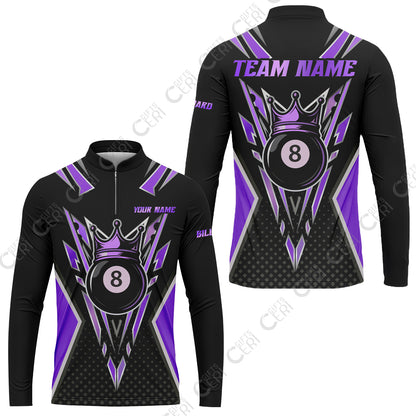 Customized 8 Ball Pool Stand Collar Quarter-Zip Long Sleeve Jersey, Billiard 8-Ball Crown, Billiard Jerseys