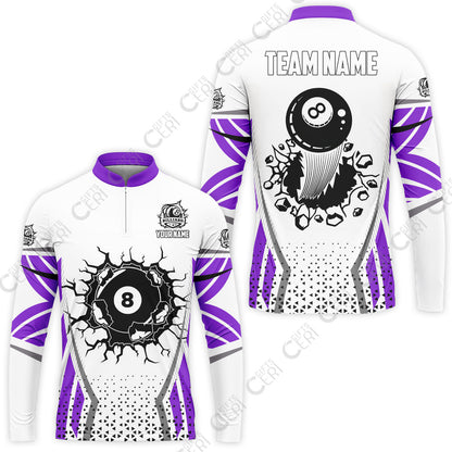 Customized 8 Ball Pool Stand Collar Quarter-Zip Long Sleeve Jersey, Billiard Triangle Pattern, 8-Ball Breaks The Wall, Billiard Jerseys