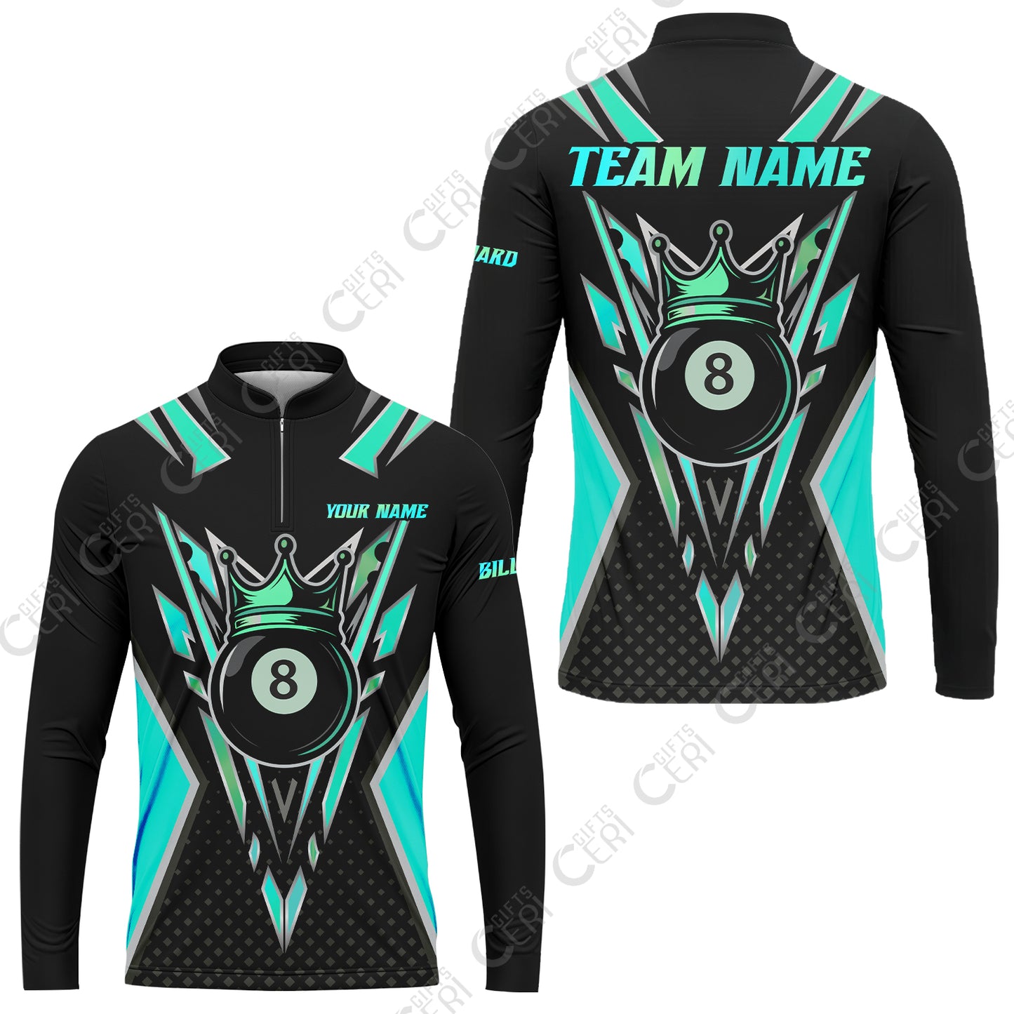 Customized 8 Ball Pool Stand Collar Quarter-Zip Long Sleeve Jersey, Billiard 8-Ball Crown, Billiard Jerseys