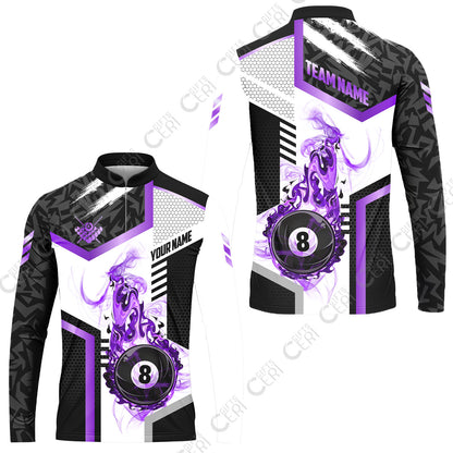 Customized Billiards Stand Collar Quarter-Zip Long Sleeve Jersey, Flaming 8-Ball Graphic, 8 Ball Pool Jersey