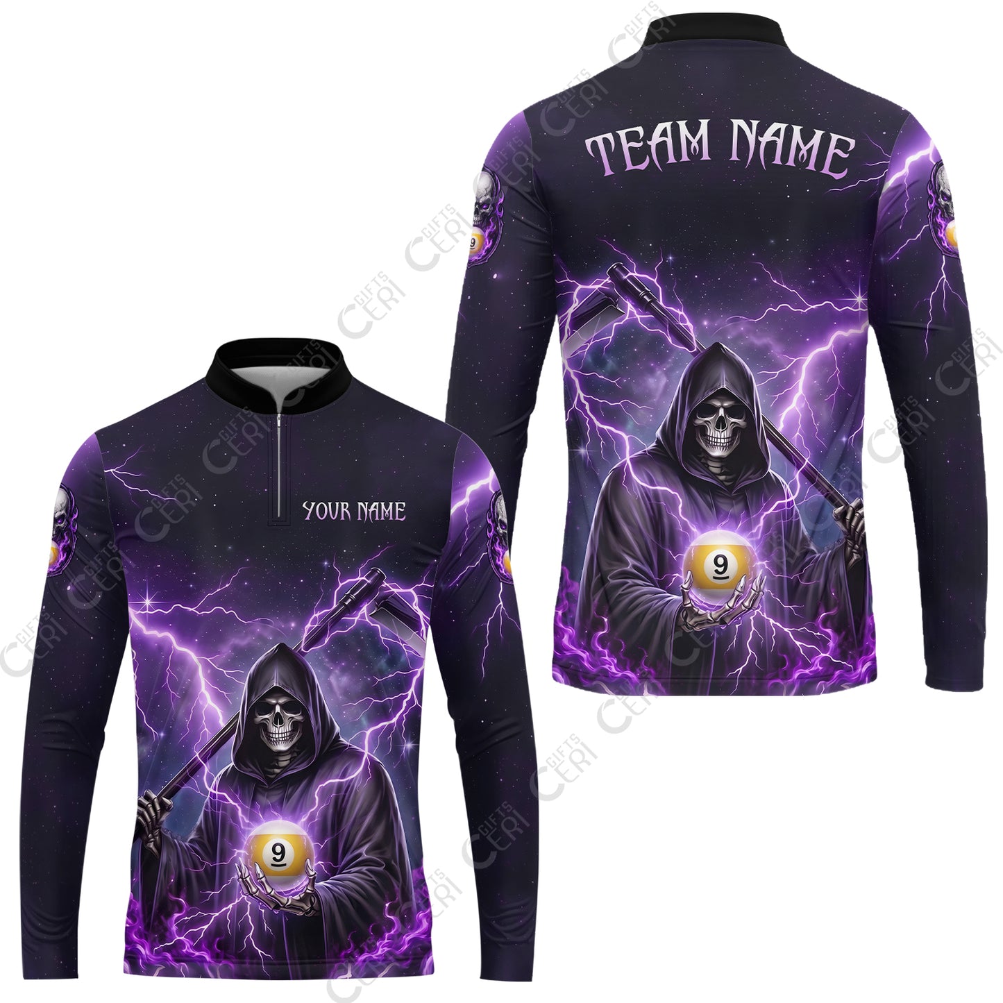 Customized 9 Ball Pool Stand Collar Quarter-Zip Long Sleeve Jersey, Lightning And Flame Grim Reaper With 9 Ball, Personalized Billiards Jersey