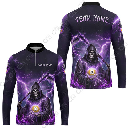 Customized 9 Ball Pool Stand Collar Quarter-Zip Long Sleeve Jersey, Lightning And Flame Grim Reaper With 9 Ball, Personalized Billiards Jersey