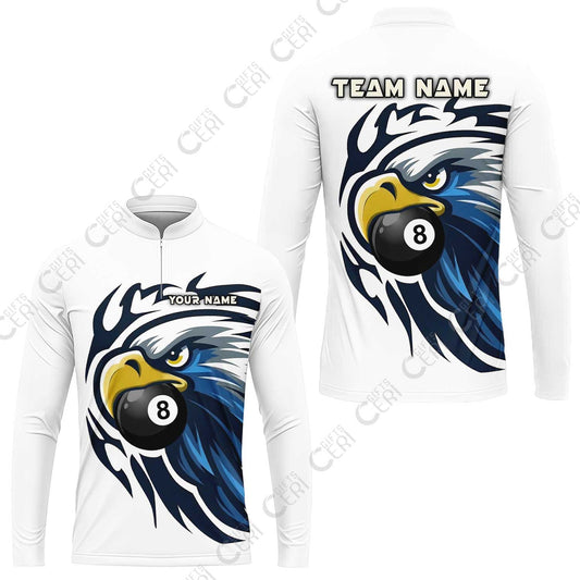 Customized 8 Ball Pool Stand Collar Quarter-Zip Long Sleeve Jersey, Eagle Eye 8-Ball, Personalized Billiards Jersey