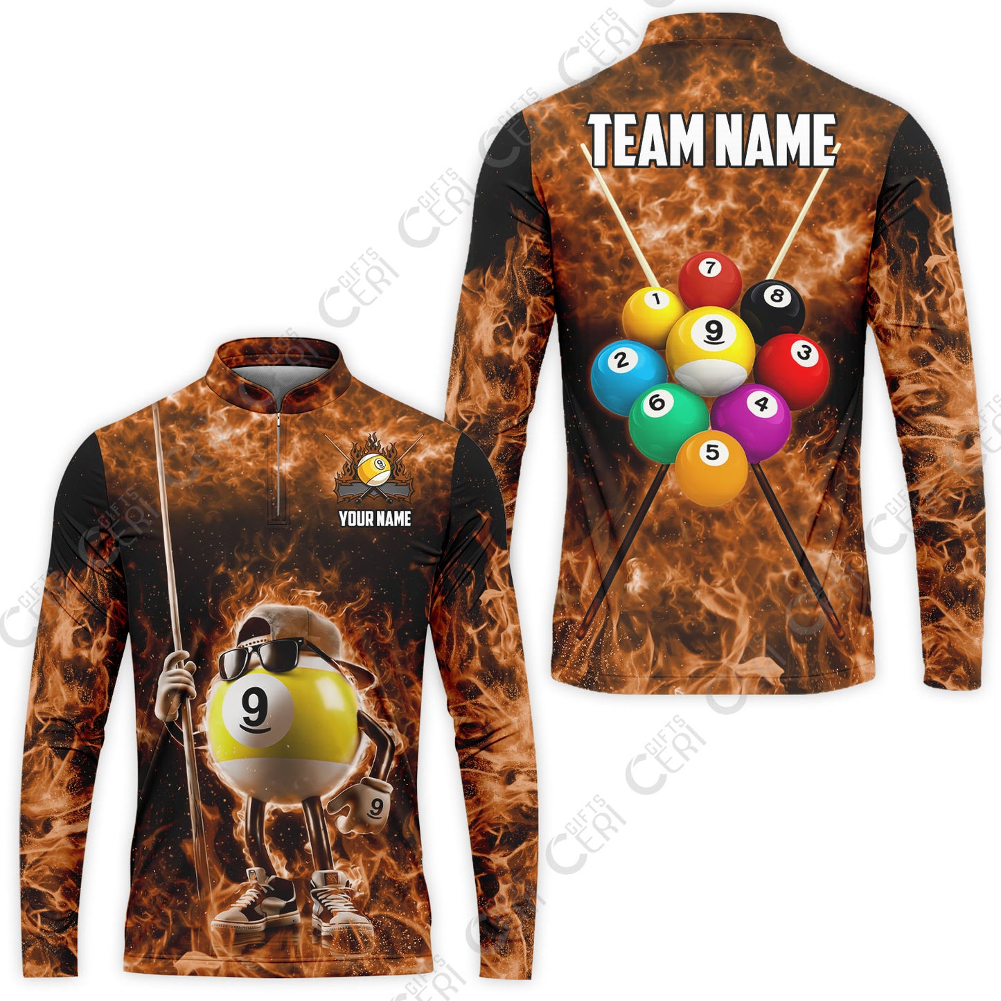 Customized 9 Ball Pool Stand Collar Quarter-Zip Long Sleeve Jersey, 9-Ball Wearing Cap And Sunglasses Flaming Burn, Billiard Jerseys