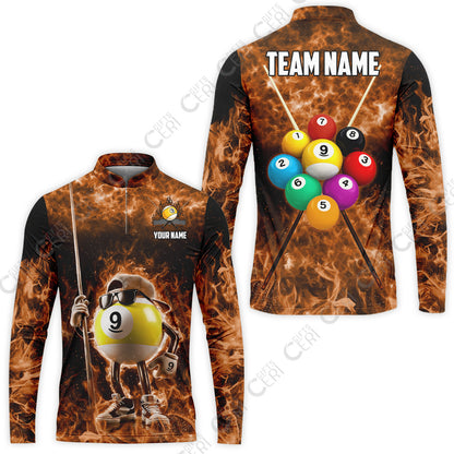 Customized 9 Ball Pool Stand Collar Quarter-Zip Long Sleeve Jersey, 9-Ball Wearing Cap And Sunglasses Flaming Burn, Billiard Jerseys