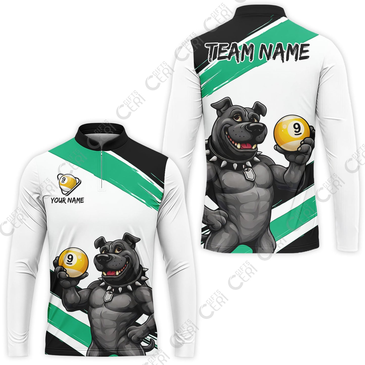 Customized Billiards Stand Collar Quarter-Zip Long Sleeve Jersey, Personalized Pitbull 9 Ball Jersey Gift For Billiard Players