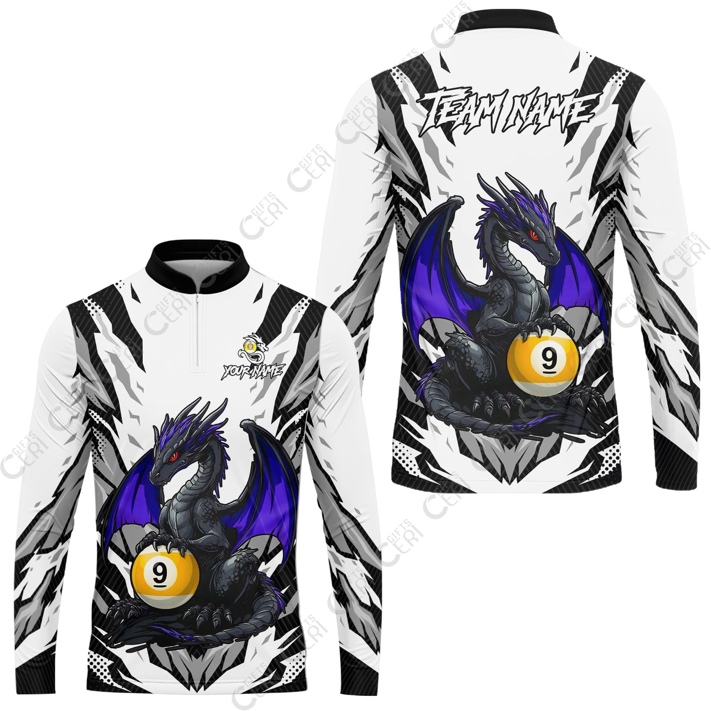 Customized Billiards Stand Collar Quarter-Zip Long Sleeve Jersey, Personalized Baby Dragon 9 Ball Jersey Gift For Billiard Players