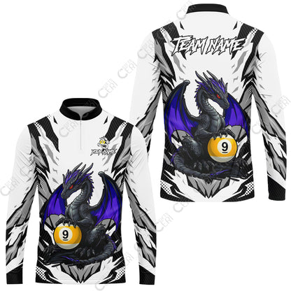 Customized Billiards Stand Collar Quarter-Zip Long Sleeve Jersey, Personalized Baby Dragon 9 Ball Jersey Gift For Billiard Players