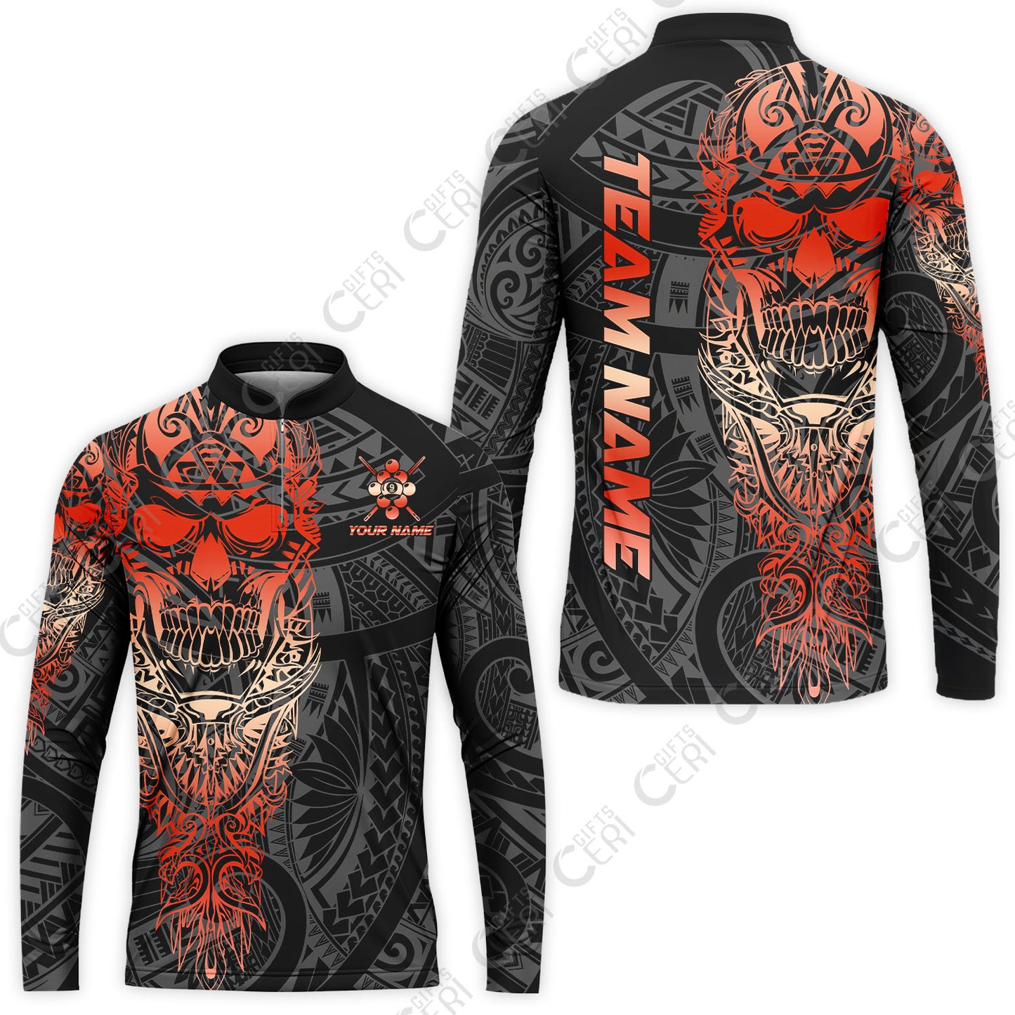 Customized 9 Ball Pool Stand Collar Quarter-Zip Long Sleeve Jersey, 9-Ball Billiard Ethnic Tribal Style Pattern, Billiards Jerseys