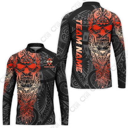 Customized 9 Ball Pool Stand Collar Quarter-Zip Long Sleeve Jersey, 9-Ball Billiard Ethnic Tribal Style Pattern, Billiards Jerseys