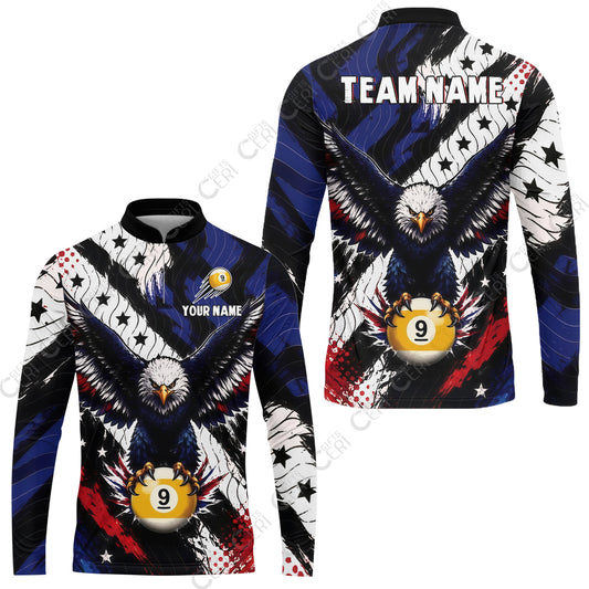 Customized 9 Ball Pool Stand Collar Quarter-Zip Long Sleeve Jersey, Eagle Holding Ball American Flag 9-ball, Personalized Billiards Jersey