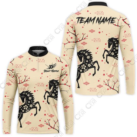 Customized 8 Ball Pool Stand Collar Quarter-Zip Long Sleeve Jersey, Floral Pattern Horse Cherry Blossom, Personalized Billiards Jersey