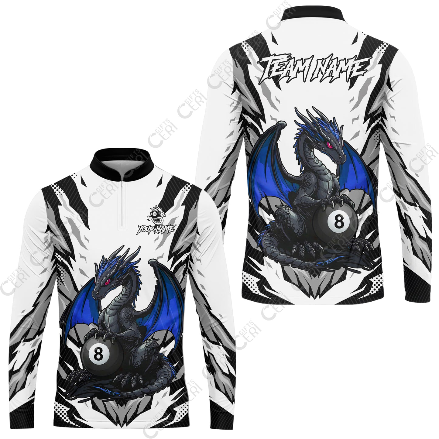 Customized Billiards Stand Collar Quarter-Zip Long Sleeve Jersey, Personalized Baby Dragon 8 Ball Jersey Gift For Billiard Players