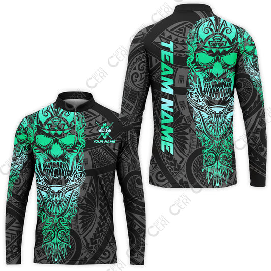 Customized 9 Ball Pool Stand Collar Quarter-Zip Long Sleeve Jersey, 9-Ball Billiard Ethnic Tribal Style Pattern, Billiards Jerseys