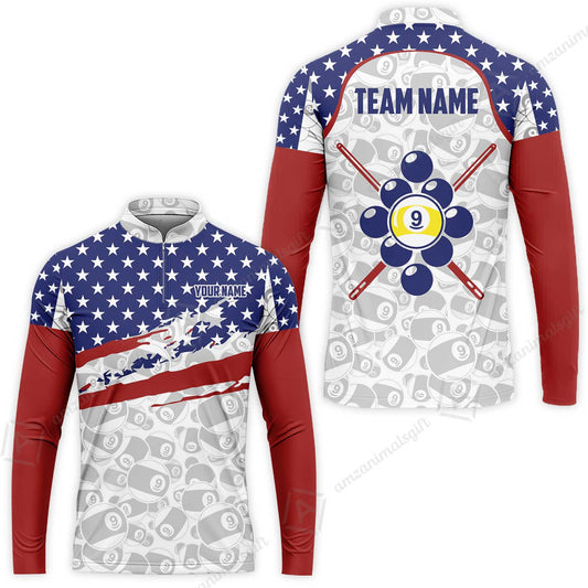 Customized 9 Ball Pool Stand Collar Quarter-Zip Long Sleeve Jersey, American Star Flag Billiard 9-ball, Personalized Billiards Jersey