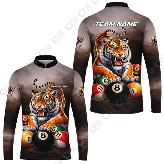 Customized 8 Ball Pool Stand Collar Quarter-Zip Long Sleeve Jersey, Billiards 8-Ball Colorful Tiger Break, Billiards Jerseys