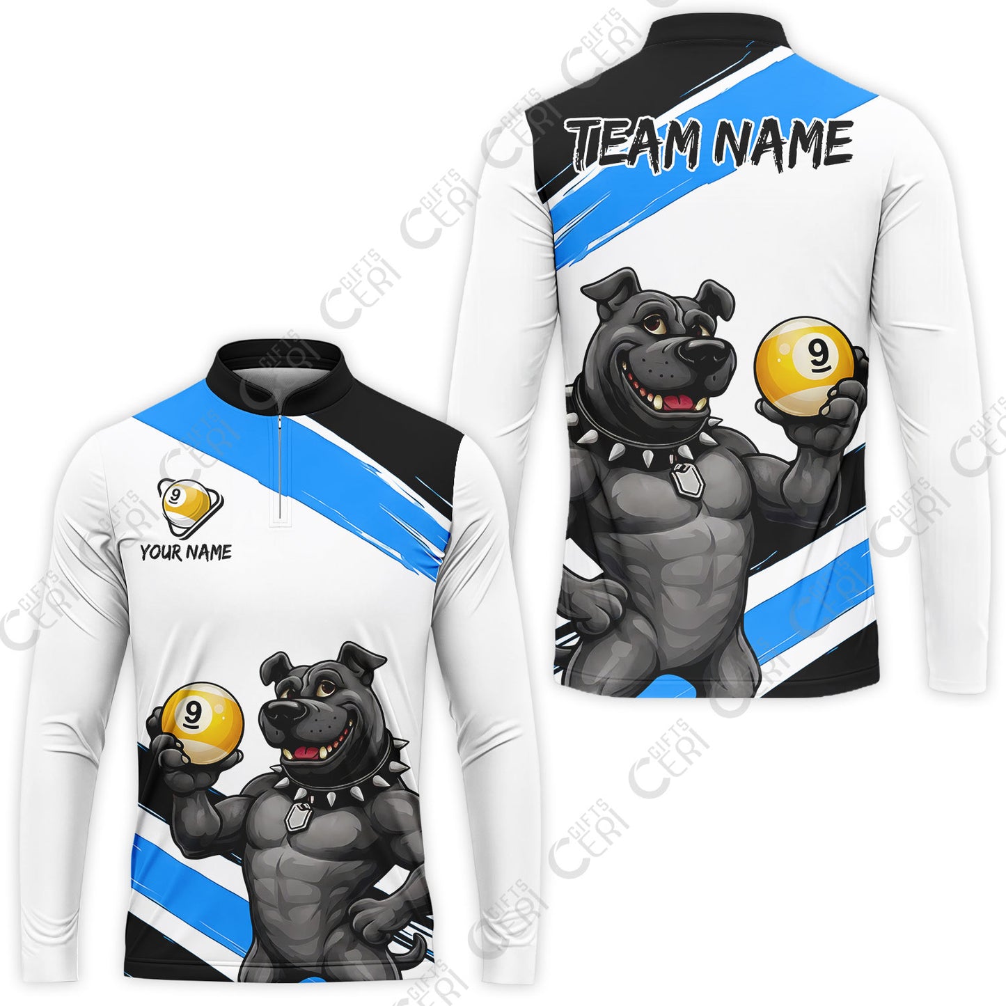 Customized Billiards Stand Collar Quarter-Zip Long Sleeve Jersey, Personalized Pitbull 9 Ball Jersey Gift For Billiard Players