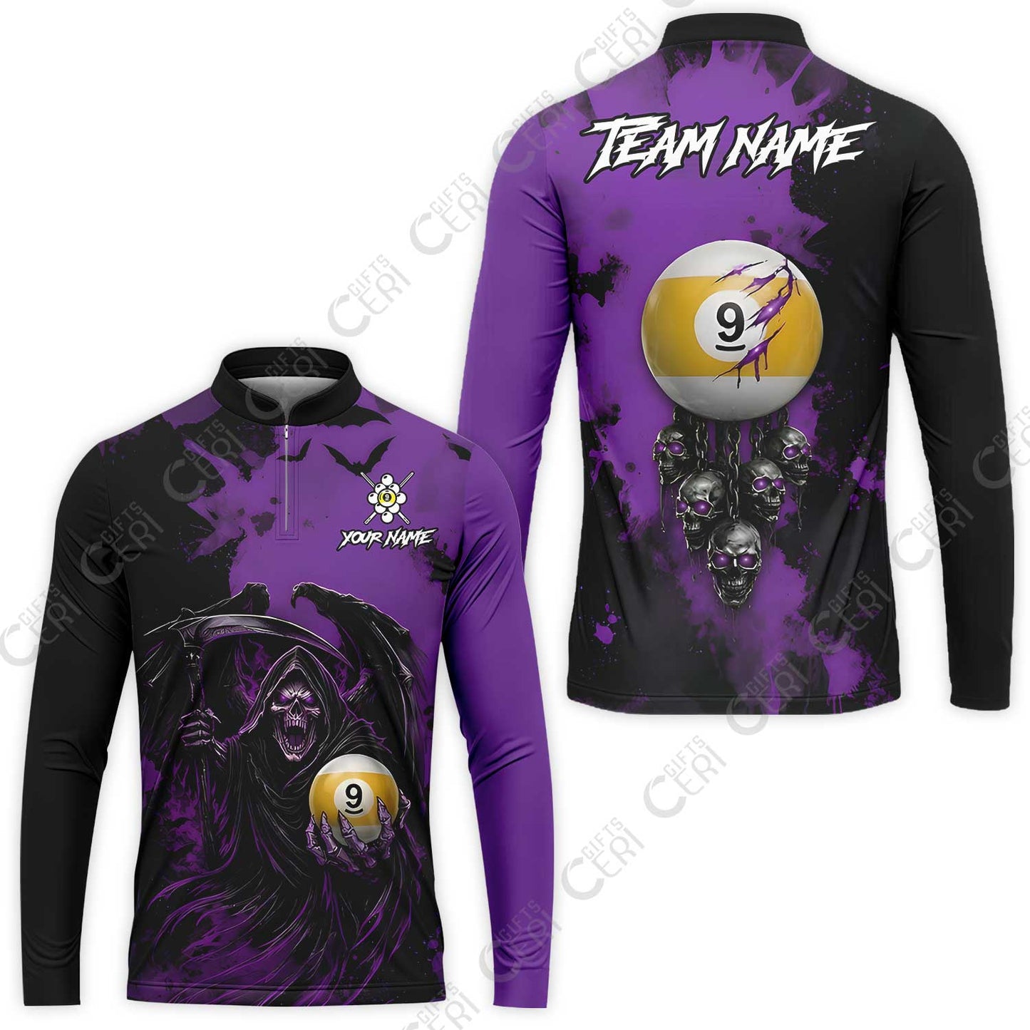 Customized 9 Ball Pool Stand Collar Quarter-Zip Long Sleeve Jersey, Billiard Death Skull Paint Splash 9-Ball, Billiards Jersey