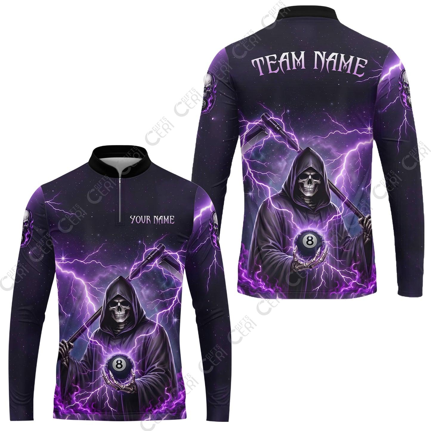 Customized 8 Ball Pool Stand Collar Quarter-Zip Long Sleeve Jersey, Lightning And Flame Grim Reaper With 8 Ball, Personalized Billiards Jersey