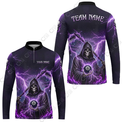 Customized 8 Ball Pool Stand Collar Quarter-Zip Long Sleeve Jersey, Lightning And Flame Grim Reaper With 8 Ball, Personalized Billiards Jersey