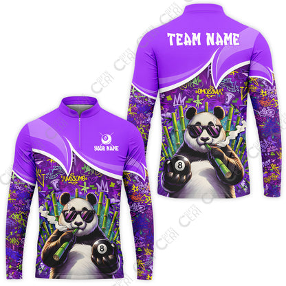 Customized 8 Ball Pool Stand Collar Quarter-Zip Long Sleeve Jersey, 8-Ball Panda Bamboo Billiards, Billiards Jerseys