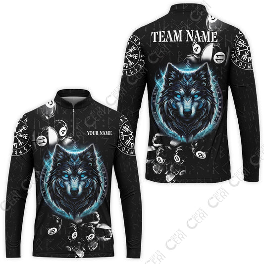 Customized Billiards Stand Collar Quarter-Zip Long Sleeve Jersey, Wolf Runic Viking Black Grunge Alphabet, Billiards Jerseys