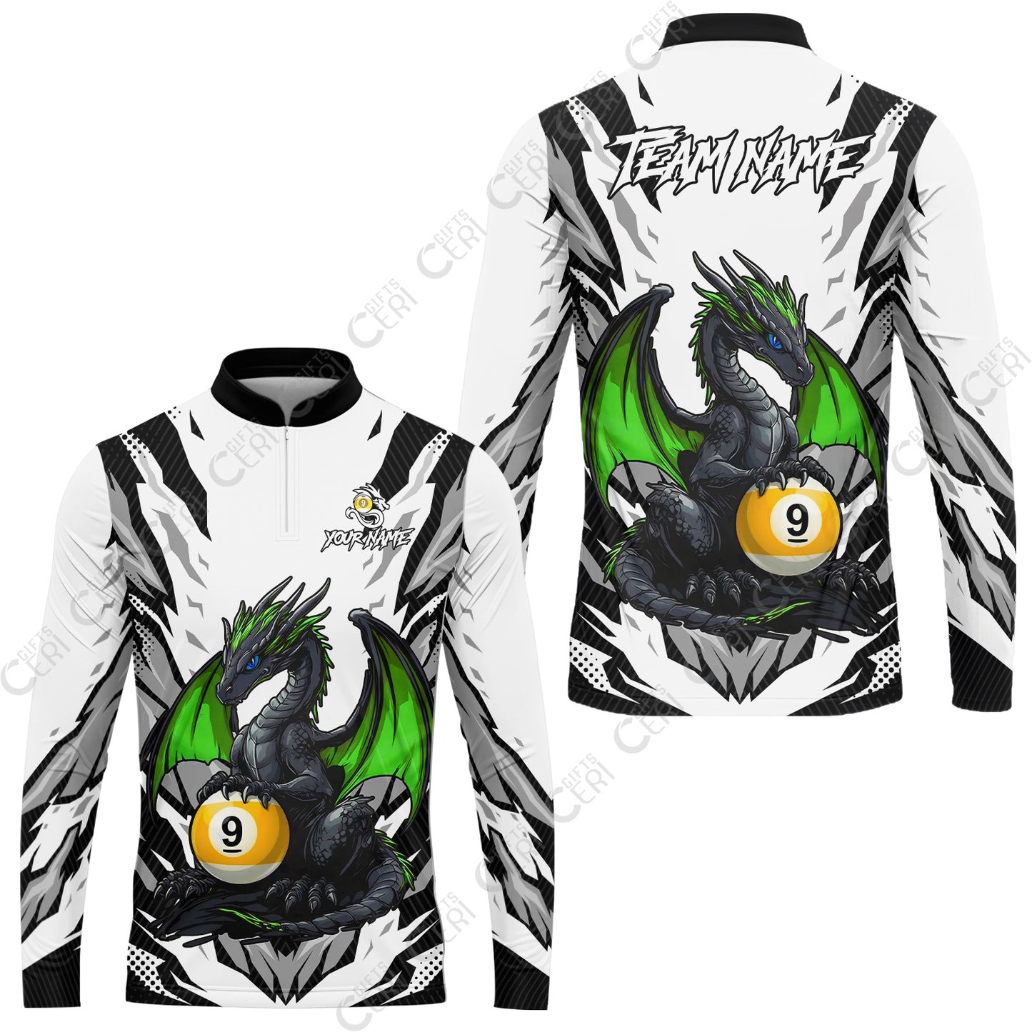 Customized Billiards Stand Collar Quarter-Zip Long Sleeve Jersey, Personalized Baby Dragon 9 Ball Jersey Gift For Billiard Players
