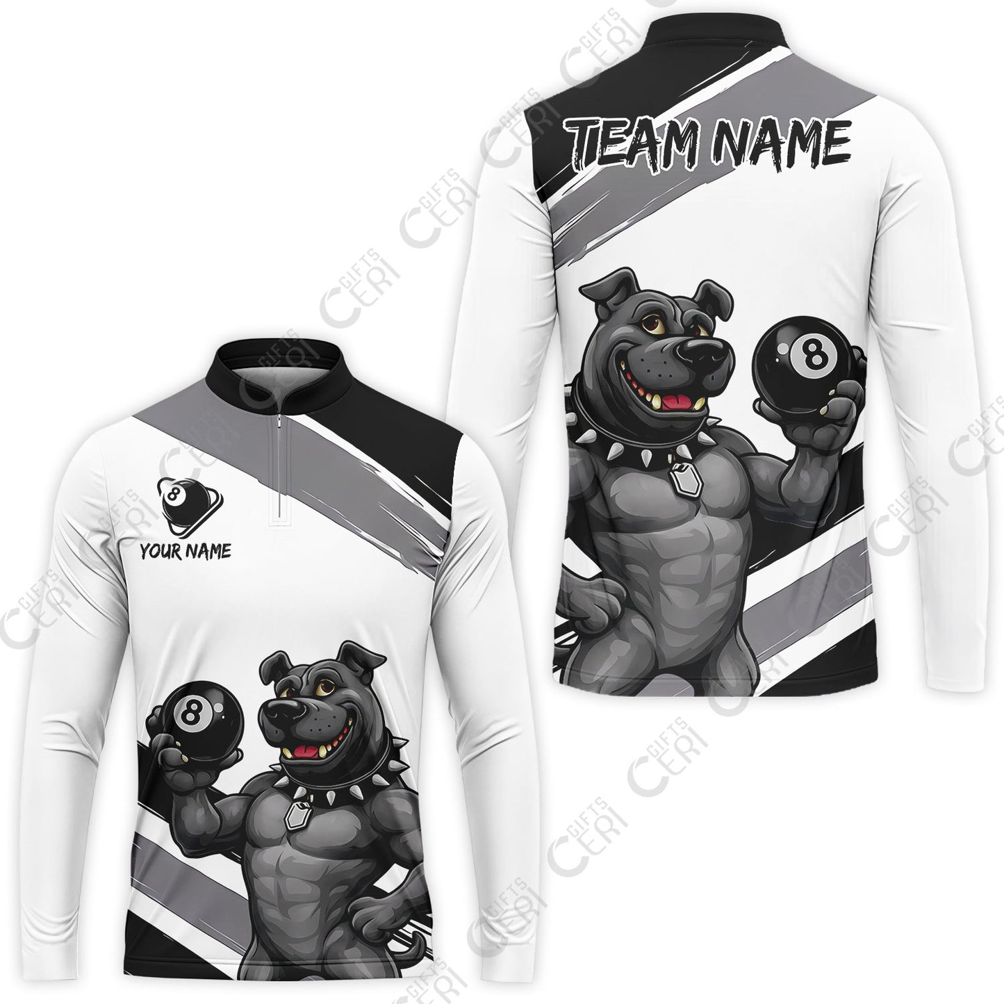 Customized Billiards Stand Collar Quarter-Zip Long Sleeve Jersey, Personalized Pitbull 8 Ball Jersey Gift For Billiard Players