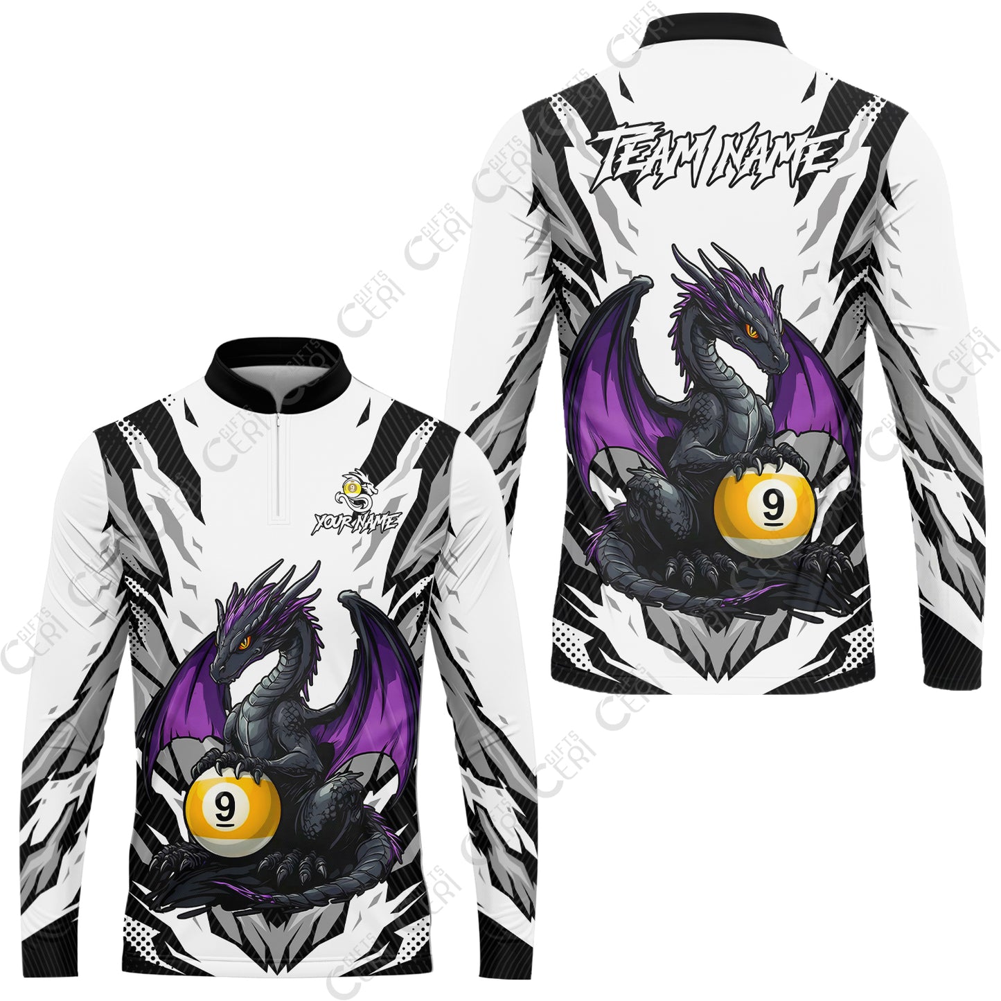 Customized Billiards Stand Collar Quarter-Zip Long Sleeve Jersey, Personalized Baby Dragon 9 Ball Jersey Gift For Billiard Players