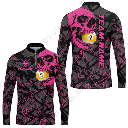 Customized 9 Ball Pool Stand Collar Quarter-Zip Long Sleeve Jersey, Billiard Pink Skull 9-Ball, Personalized Billiards Jersey