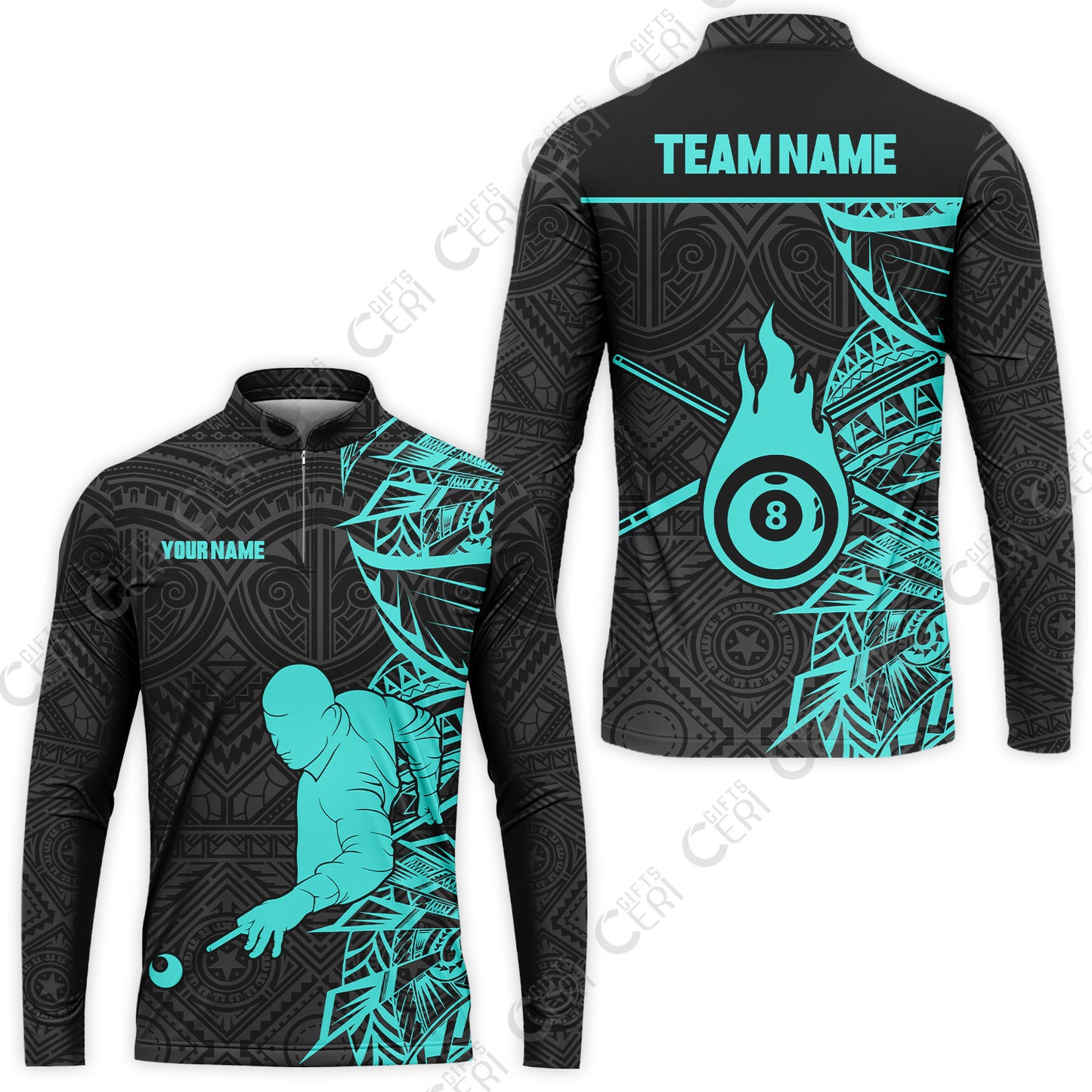 Customized 8 Ball Pool Stand Collar Quarter-Zip Long Sleeve Jersey, 8-Ball Billiards Tattoo Pattern, Billiards Jerseys