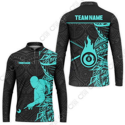 Customized 8 Ball Pool Stand Collar Quarter-Zip Long Sleeve Jersey, 8-Ball Billiards Tattoo Pattern, Billiards Jerseys