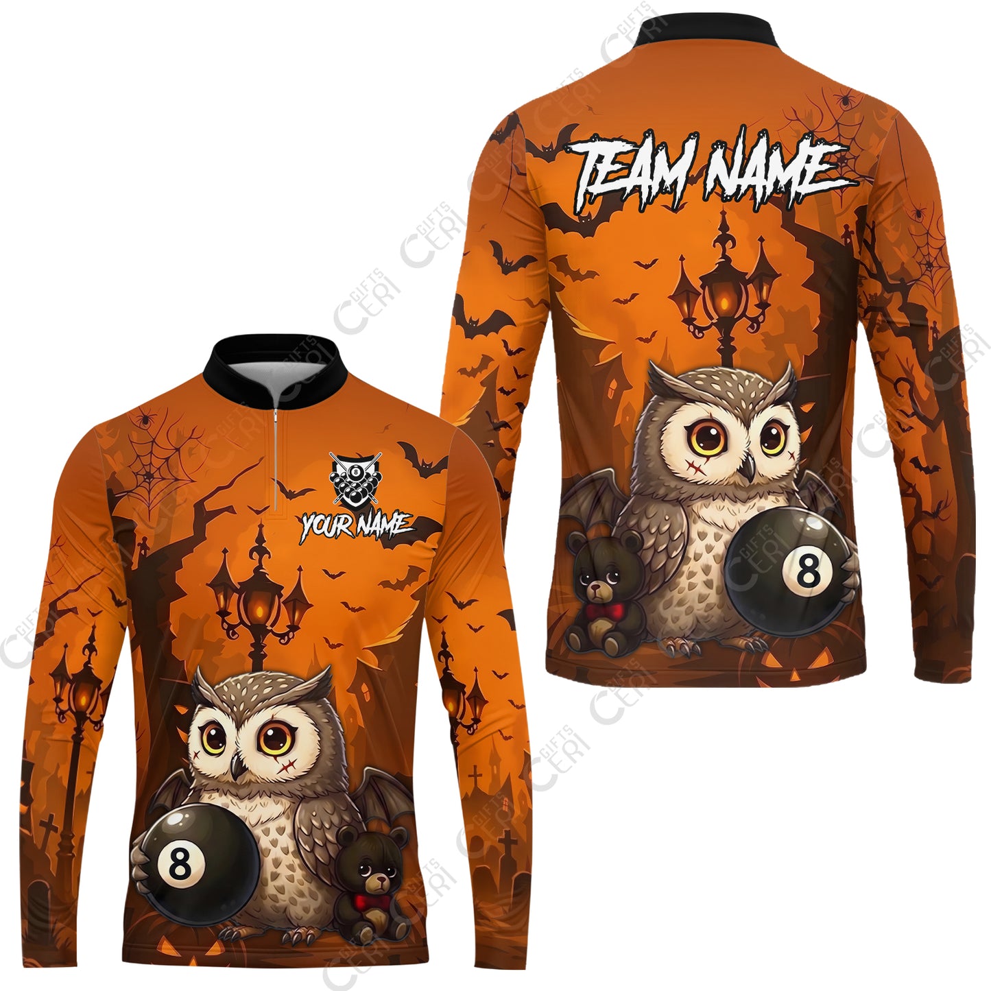 Customized 8 Ball Pool Stand Collar Quarter-Zip Long Sleeve Jersey, Halloween Owl Holding 8-Ball, Personalized Billiards Jersey