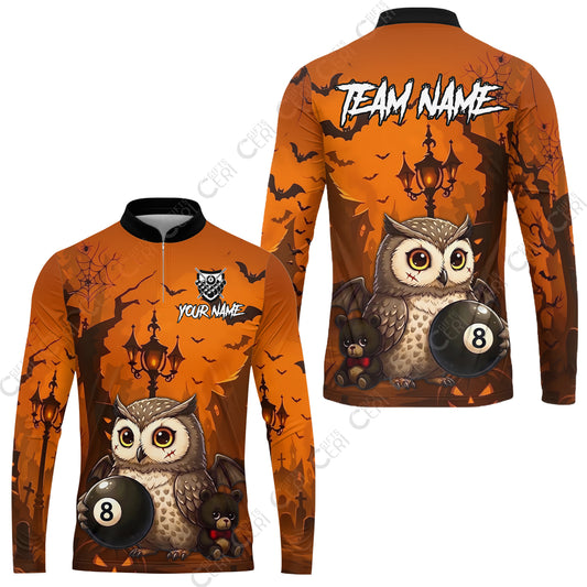 Customized 8 Ball Pool Stand Collar Quarter-Zip Long Sleeve Jersey, Halloween Owl Holding 8-Ball, Personalized Billiards Jersey