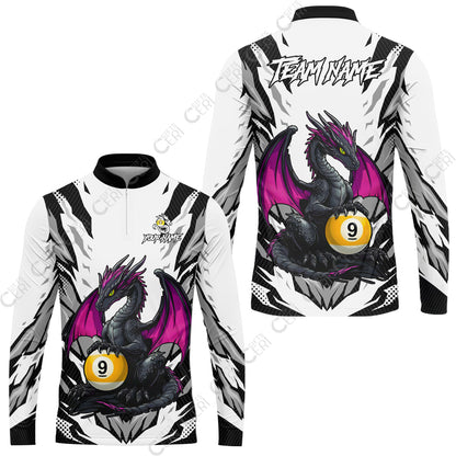Customized Billiards Stand Collar Quarter-Zip Long Sleeve Jersey, Personalized Baby Dragon 9 Ball Jersey Gift For Billiard Players
