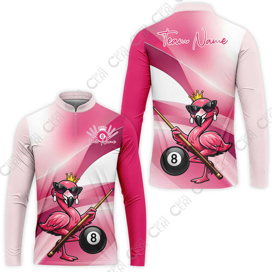 Customized 8 Ball Pool Stand Collar Quarter-Zip Long Sleeve Jersey, Pink Flamingo Billiards 8-Ball, Personalized Billiards Jersey