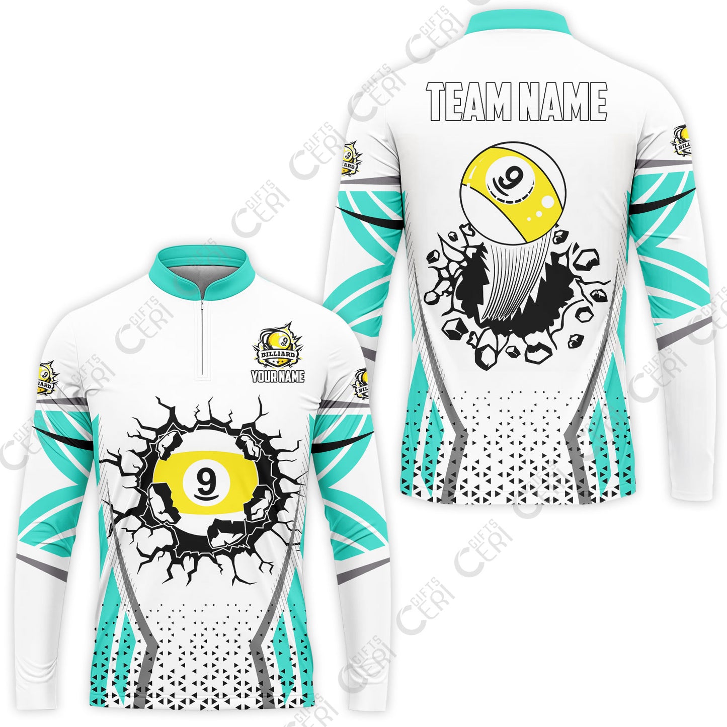 Customized 9 Ball Pool Stand Collar Quarter-Zip Long Sleeve Jersey, Billiard Triangle Pattern, 9-Ball Breaks The Wall, Billiard Jerseys