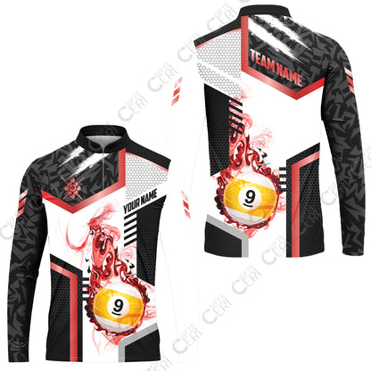 Customized 9 Ball Pool Stand Collar Quarter-Zip Long Sleeve Jersey, Flaming 9-Ball Graphic, Billiards Jersey