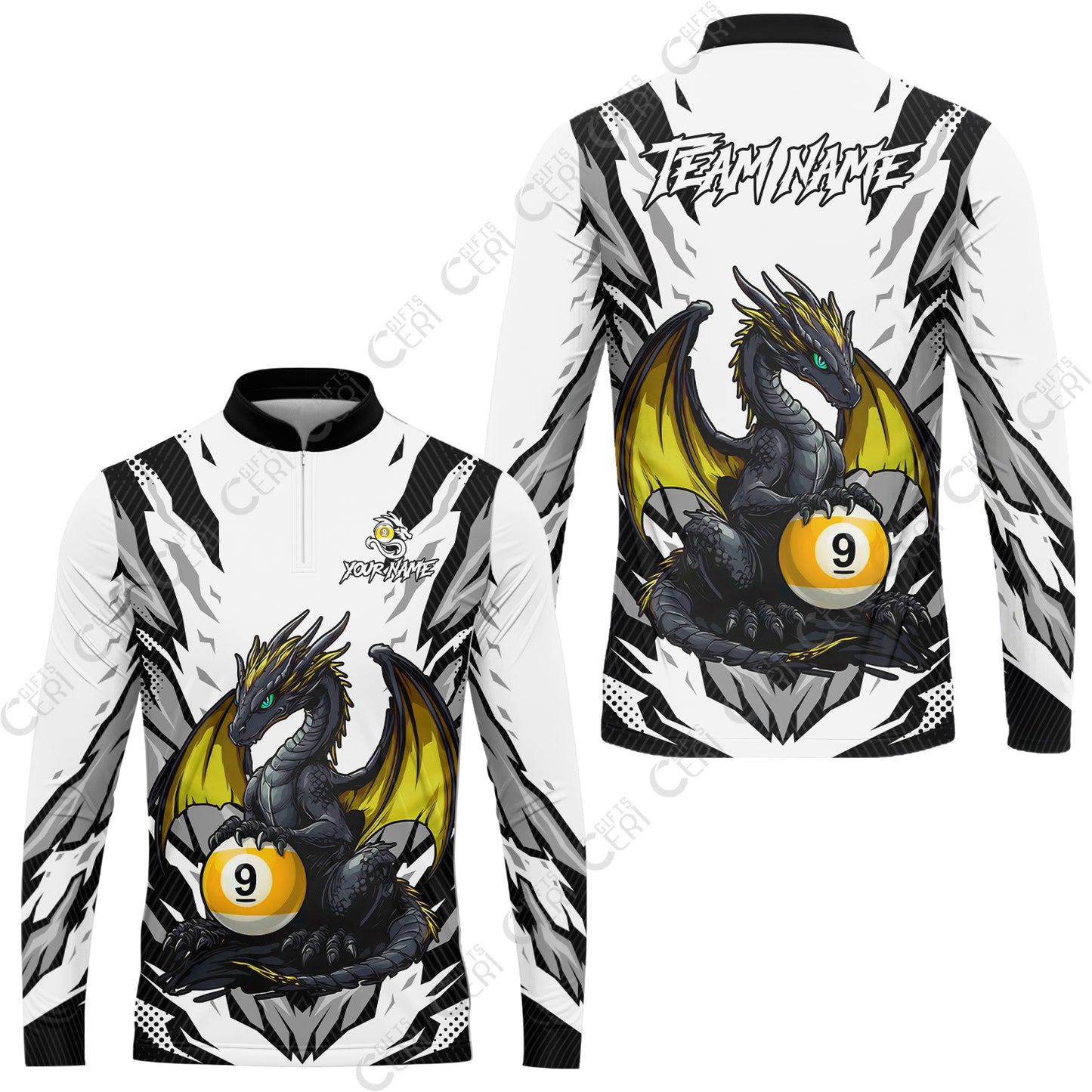 Customized Billiards Stand Collar Quarter-Zip Long Sleeve Jersey, Personalized Baby Dragon 9 Ball Jersey Gift For Billiard Players