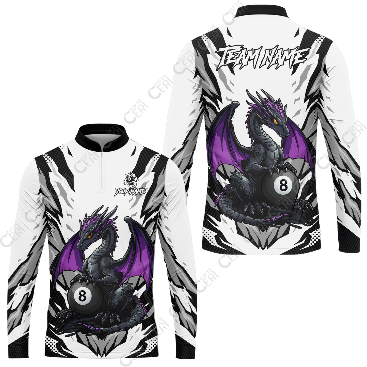 Customized Billiards Stand Collar Quarter-Zip Long Sleeve Jersey, Personalized Baby Dragon 8 Ball Jersey Gift For Billiard Players