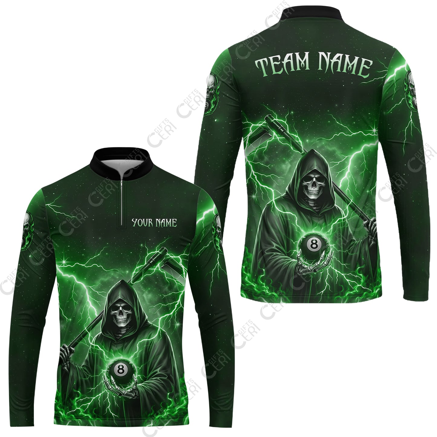 Customized 8 Ball Pool Stand Collar Quarter-Zip Long Sleeve Jersey, Lightning And Flame Grim Reaper With 8 Ball, Personalized Billiards Jersey
