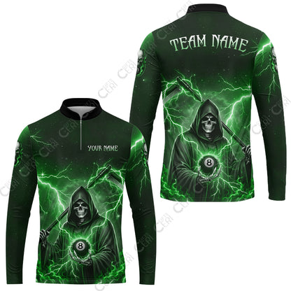 Customized 8 Ball Pool Stand Collar Quarter-Zip Long Sleeve Jersey, Lightning And Flame Grim Reaper With 8 Ball, Personalized Billiards Jersey