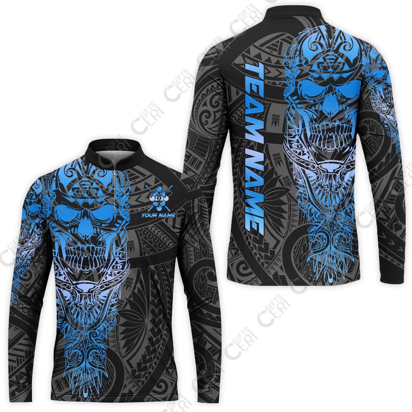 Customized 9 Ball Pool Stand Collar Quarter-Zip Long Sleeve Jersey, 9-Ball Billiard Ethnic Tribal Style Pattern, Billiards Jerseys