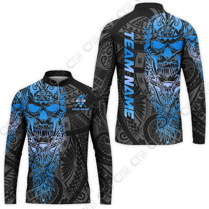 Customized 9 Ball Pool Stand Collar Quarter-Zip Long Sleeve Jersey, 9-Ball Billiard Ethnic Tribal Style Pattern, Billiards Jerseys