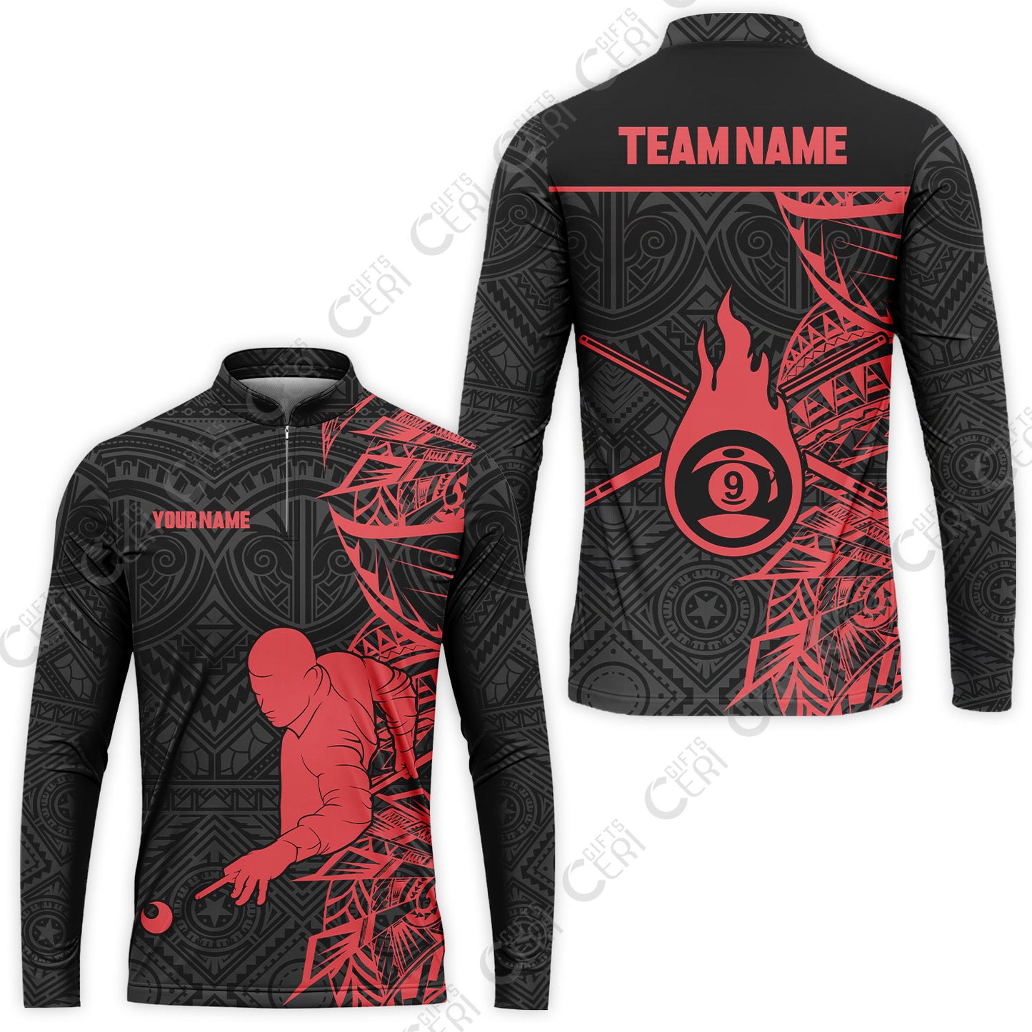 Customized 9 Ball Pool Stand Collar Quarter-Zip Long Sleeve Jersey, 9-Ball Billiards Tattoo Pattern, Billiards Jerseys