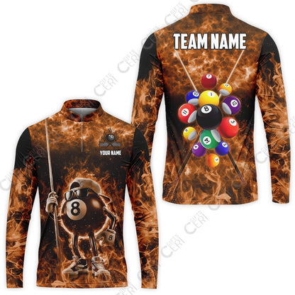 Customized 8 Ball Pool Stand Collar Quarter-Zip Long Sleeve Jersey, 8-Ball Wearing Cap And Sunglasses Flaming Burn, Billiard Jerseys